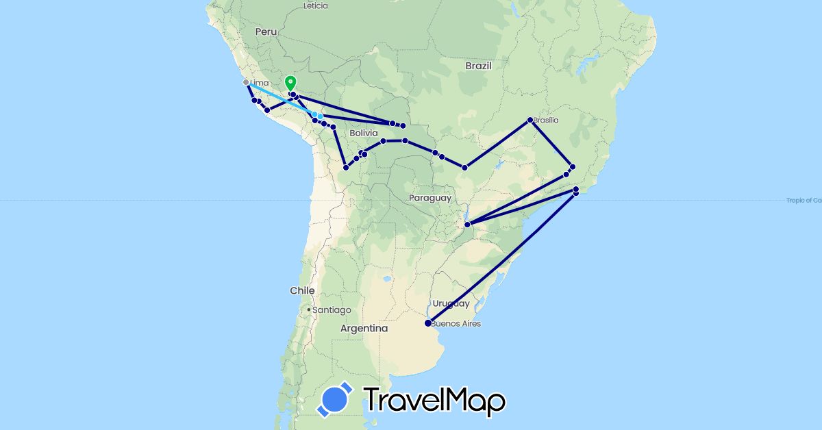 TravelMap itinerary: driving, bus, plane, boat in Argentina, Bolivia, Brazil, Peru (South America)
